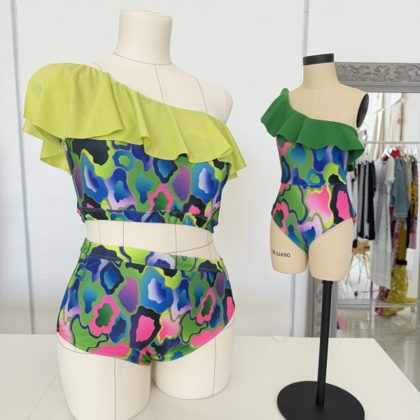 Lycra swimsuit with asymmetric design and ruffle in a sewing workshop in Madrid